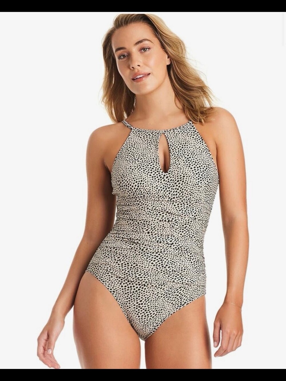 Ellen Tracy Black and White Dot Halter One-Piece Swimsuit